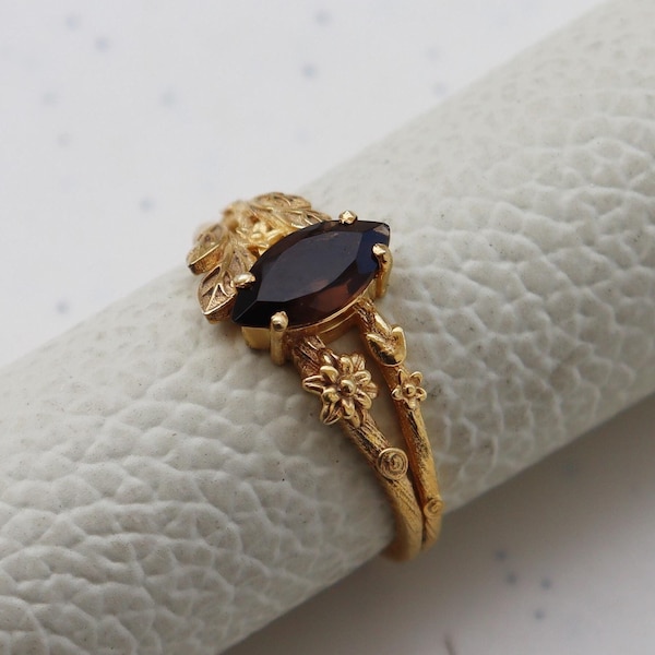 Anillo de compromiso vintage de cuarzo ahumado, anillo de cuarzo marrón con forma de marquesa, anillo chapado en oro de 14 quilates, anillo para mujer, anillo inspirado en la naturaleza, anillo con forma de hoja.