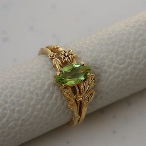 Anillo de peridoto natural, plata de ley 925, estilo gótico, hecho a mano, con diseño de hoja de árbol natural y baño de oro.