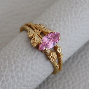 Vintage Marquise Cut Rose Quartz Engagement Ring Sets Nature Inspired Cluster Promise Ring Rose Gold Art Deco Leaf Pink Gemstone Branch Ring