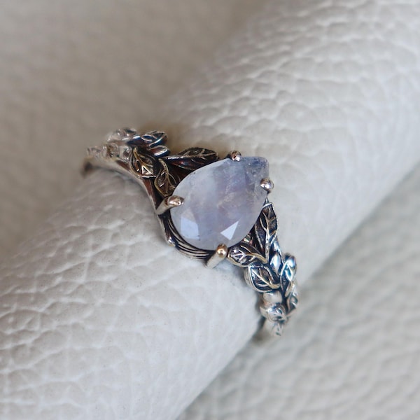 Anello di fidanzamento vintage con pietra di luna, foglia e fiore, anello in argento sterling 925, anello ispirato alla natura con rami, foglie e ramoscelli, anello di promessa, regalo da donna