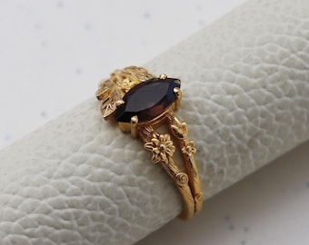 Anello vintage con quarzo fumé a taglio marquise e design a foglia ispirato alla natura, placcato oro 14 carati, in argento sterling 925.