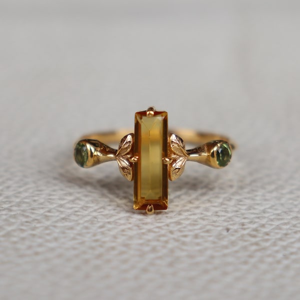 Art Deco Citrine Peridot Ring, 925 Sterling Silver, Engagement Ring, Women Ring, Tree Leaves Ring, Nature Inspired Ring Her