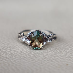 Anillo vintage de zafiro verde azulado, plata de ley 925 maciza, anillo Art Déco con zafiro verde engastado en garra, regalo con piedra natal de septiembre, anillo inspirado en la naturaleza
