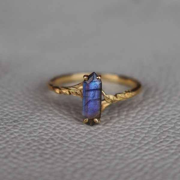 Natural Bar Hexagon Labradorite Branch Ring, 18k Gold Plated, 925 Sterling Silver Ring, Unique Labradorite Ring, Leaf Ring Gift For Her