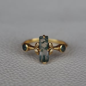 Natural Long Bar Moss Agate 18k Gold Ring, Multi Moss Agate Ring, Leaf Vines Women's Ring, Moss Agate Gift Ring, Anniversary, Nature Ring