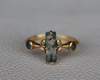 Anello in oro 18 carati con agata muschiata naturale a barra lunga, anello con agata muschiata multicolore, anello da donna con foglie e viticci, anello regalo in agata muschiata, anniversario, anello ispirato alla natura.