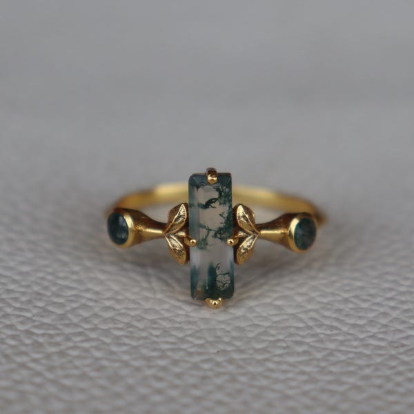Natural Long Bar Moss Agate 18k Gold Ring, Multi Moss Agate Ring, Leaf Vines Women's Ring, Moss Agate Gift Ring, Anniversary, Nature Ring