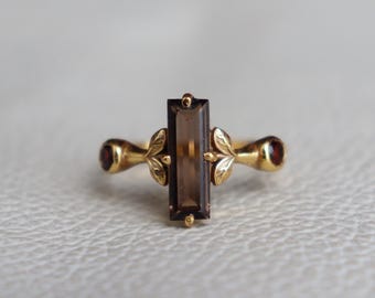 Art Deco Bar Smoky Quartz & Garnet Ring, Nature Inspired Silver Ring, 14K Gold Ring, Quartz Gemstone Ring, Tree Leaves Ring, Gift Ring