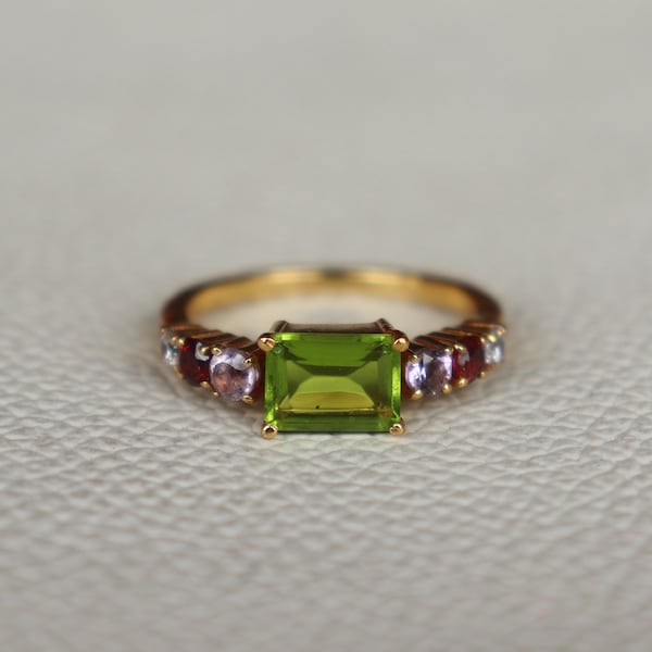 Natural Green Peridot, AMETHYST GARNET Ring, Multi Stone Ring, 925 Sterling Silver Ring, Women Promise Ring, Engagement Ring, Handmade Ring