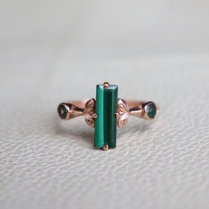 Art Deco Long Bar Malachite, Moss Agate Ring, Nature Inspired Silver Ring, 18K Rose Gold Ring, Tree & Branches Ring, Tree Leaves Ring, Gift
