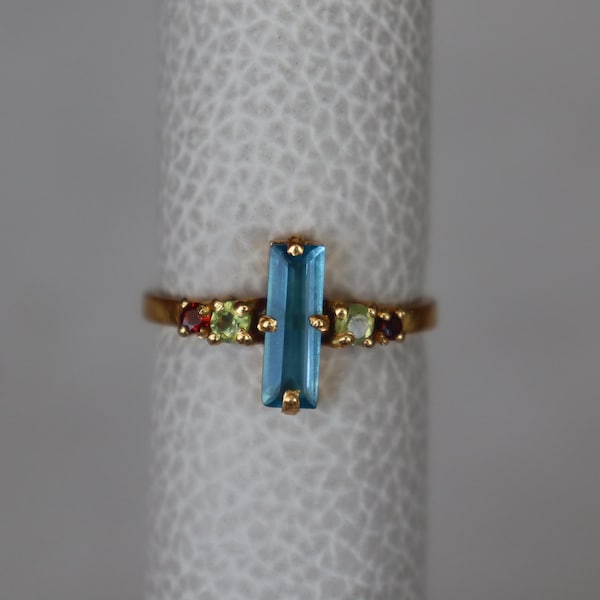 Long Bar Solid Sterling silver Swiss Blue Topaz Garnet Peridot gemstone Ring Birthday Anniversary Gift December birthstone jewellery