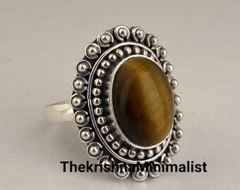 Tiger's Eye Oval Stone Sterling Silver Ring, Gemstone Statement Ring For Women, Anniversary Gift Ring For Wife, Bohemian Handmade Ring