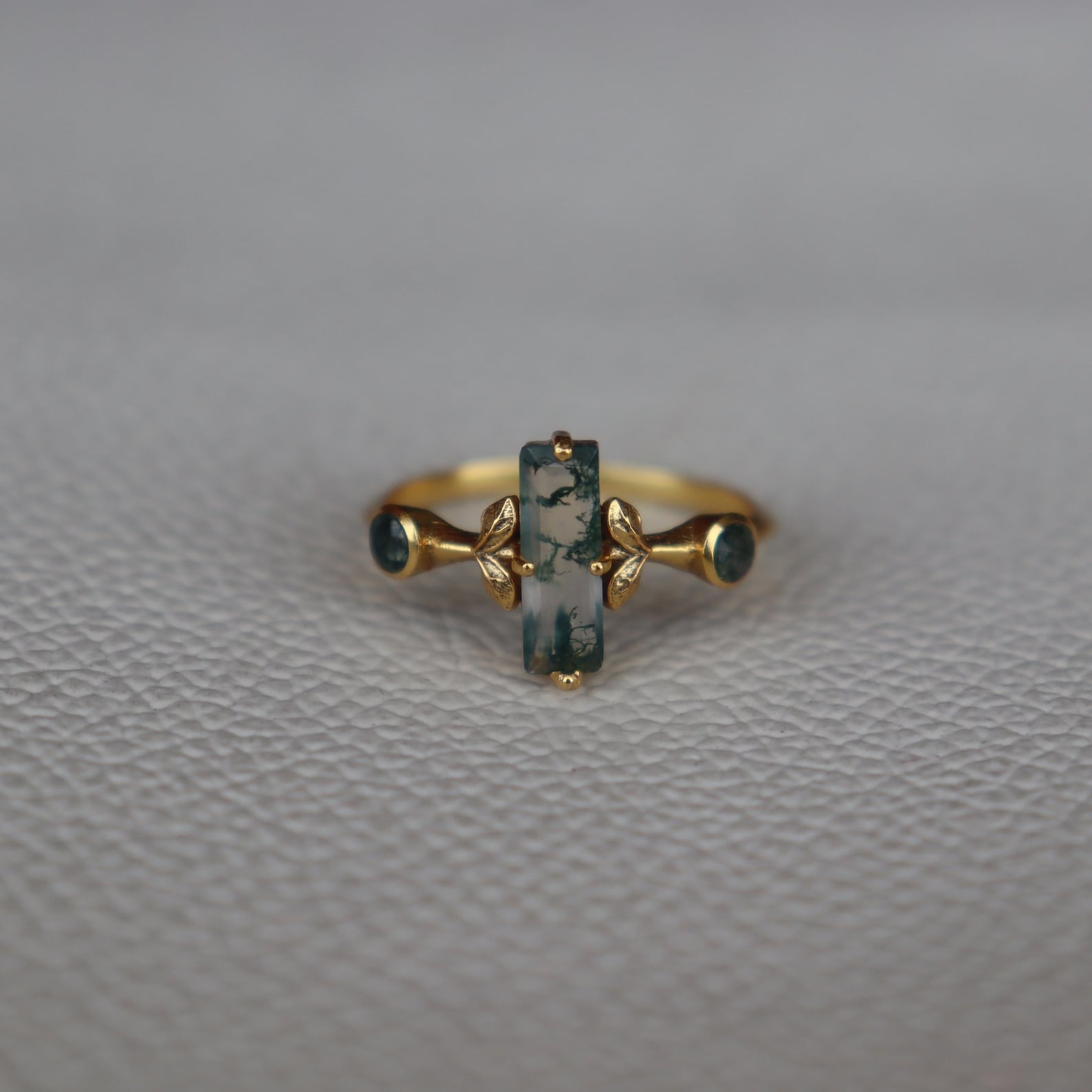 Natural Long Bar Moss Agate 18k Gold Ring