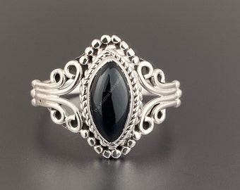 Genuine Small Marquise Black Onyx Gemstone Statement Boho Art Jewelry, Handmade 925 Sterling Silver Unique Design July Birthstone Jewelry