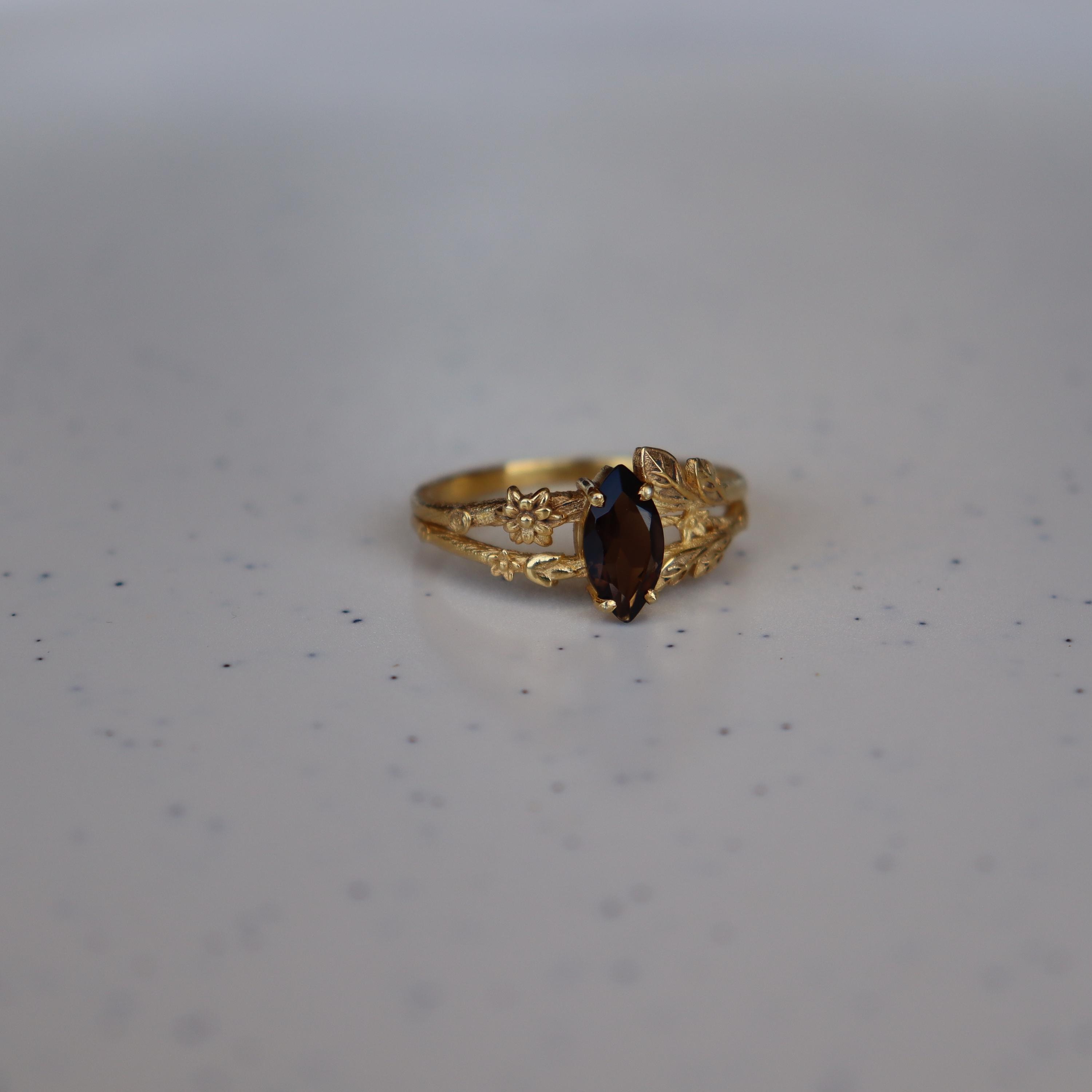 Vintage Smoky Quartz Engagement Ring, Marquise Shape Brown Quartz Ring, 14K Solid Gold Ring, Women Ring, Nature Inspire Ring, Leaf Ring