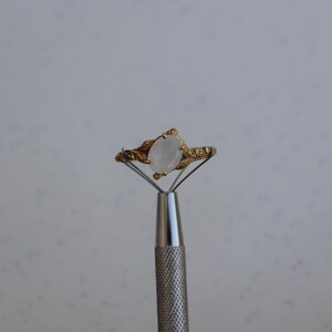 May include: A gold ring with a white oval gemstone set in a leaf design.