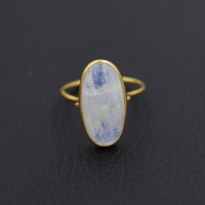 Natural Long Oval Moonstone Gold Plated Ring, Statement Ring, Gemstone Ring, Blue Fire Rainbow Moonstone Gold Ring, 925 Sterling Silver Ring