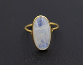 Natural Long Oval Moonstone Gold Plated Ring, Statement Ring, Gemstone Ring, Blue Fire Rainbow Moonstone Gold Ring, 925 Sterling Silver Ring