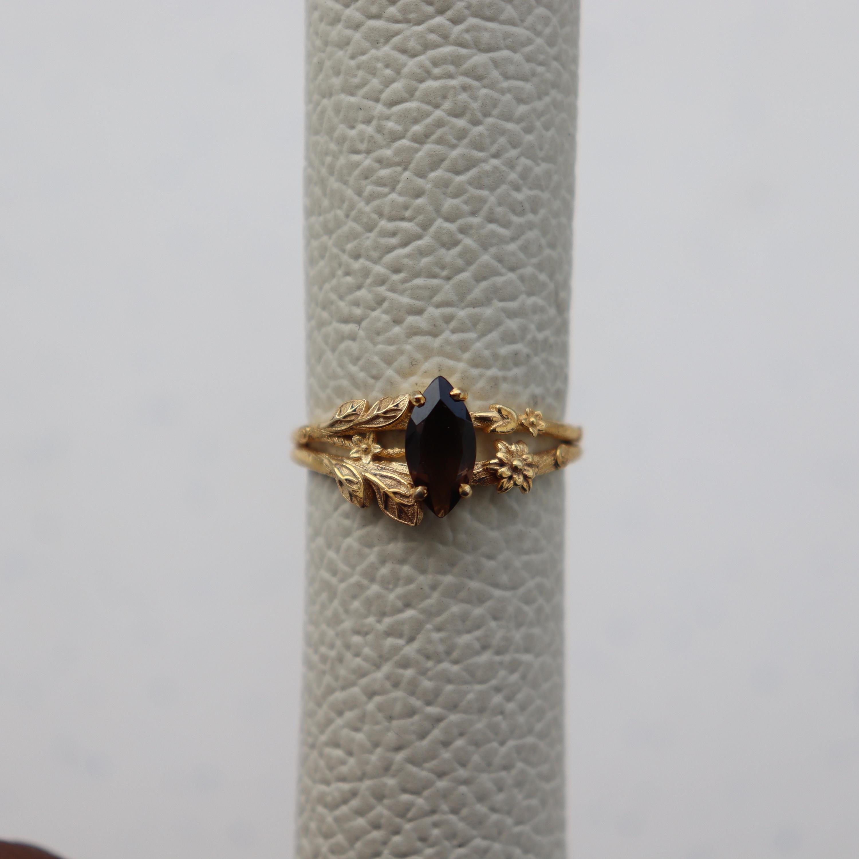 Vintage Smoky Quartz Engagement Ring, Marquise Shape Brown Quartz Ring, 14K Solid Gold Ring, Women Ring, Nature Inspire Ring, Leaf Ring