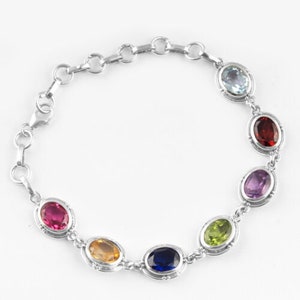 Multistone chakra Garnet Ruby Citrine Peridot Amethyst Sapphire CZ 925 Silver Unique Adjustable chain Cut Stone Bracelet For Women Gift