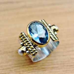 Hydro Blue Topaz Gemstone Ring, Pearl Sterling Silver Handmade Ring, Two Tone Ring, Textured Ring, December Birthstone, Gift For Her