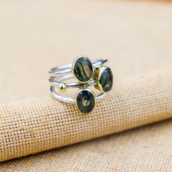 Natural Moss Agate Two Tone Ring ~ Art Deco Unique Multi Moss Agate Ring ~ 925 Silver Wide Band Ring Wraparound Ring ~ Multi Band Ring