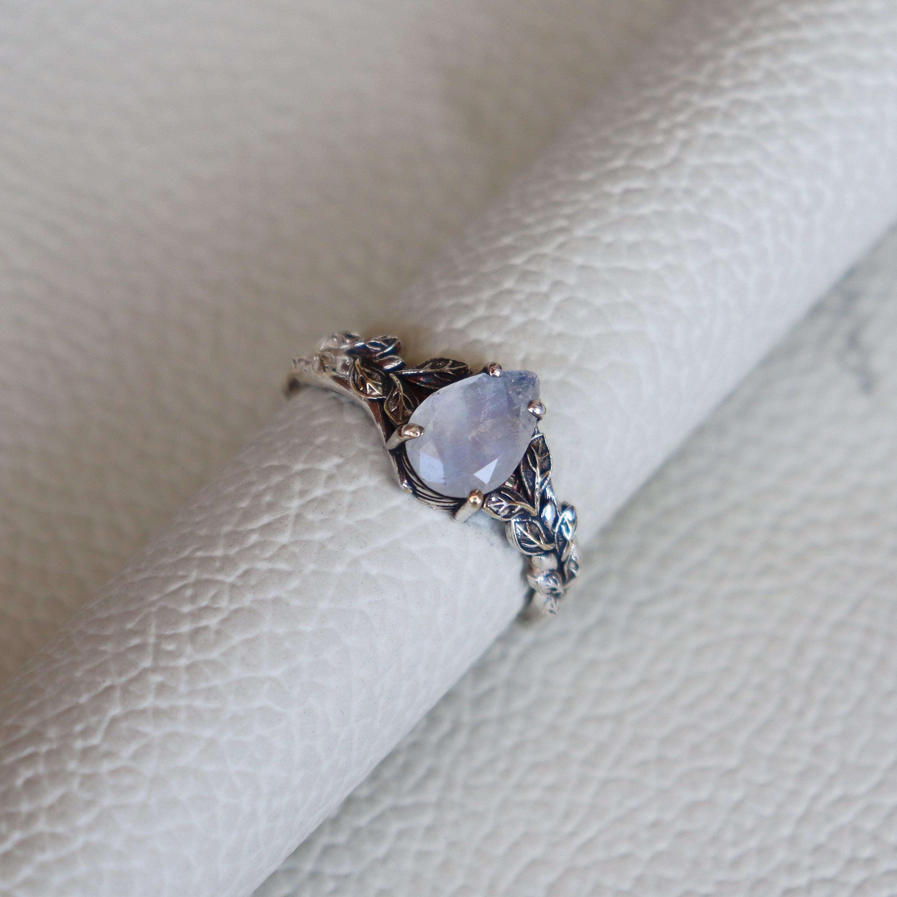 Bague de fiançailles vintage avec pierre de lune, fleur, bague en argent sterling 925, bague inspirée de la nature brindille de branche, bague de promesse, cadeau femme
