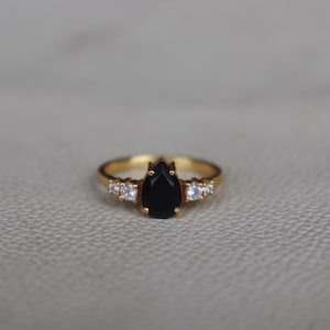 Genuine Black Onyx Drop Ring, 925 Sterling Silver Ring, Women's Engagement Ring, Dainty Wedding Ring, Simple Band Birthday Gift Ring