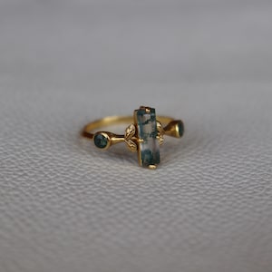 Naturlig lång mossagatring i 18k guld, ring med flera mossagater, ring med bladrankor för kvinnor, presentring med mossagat, jubileumsring, naturring bild 2