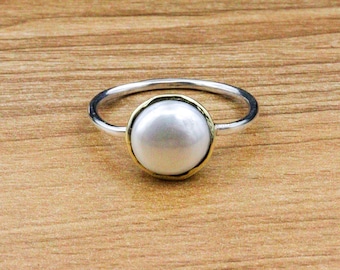 Natural Pearl Ring, Two Tone Pearl Ring, 925 Solid Sterling Silver Ring, Dainty Minimalist Ring, Tiny Wired Pearl Ring, Engagement Ring Girl