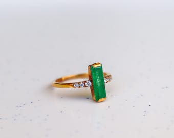 Natural Green Jade Gold Vermeil 925 Sterling Silver Ring - Multi-Stone Solitaire Ring - Wedding Ring - Anniversary Ring - Gift For Women