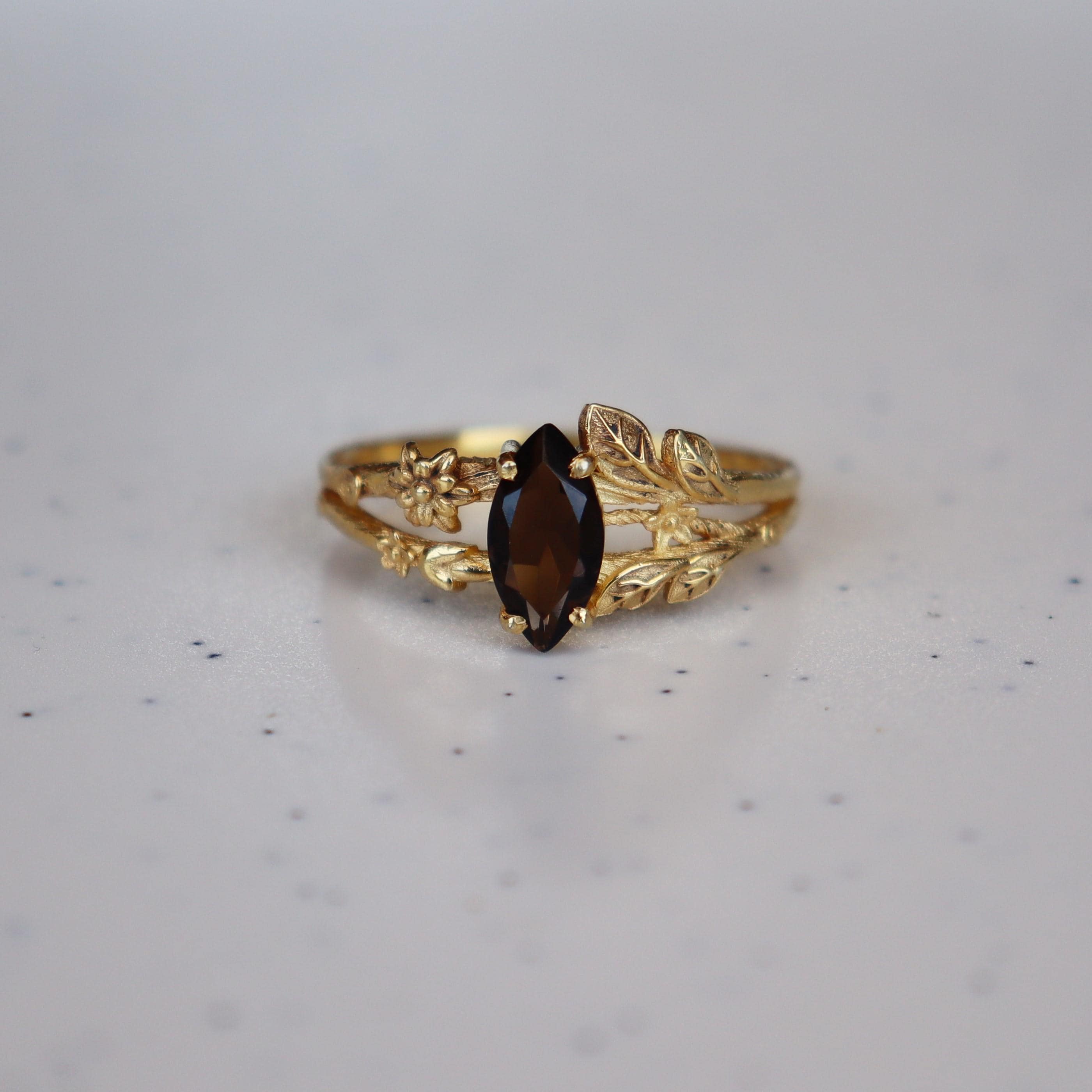 Vintage Smoky Quartz Engagement Ring, Marquise Shape Brown Quartz Ring, 14K Solid Gold Ring, Women Ring, Nature Inspire Ring, Leaf Ring