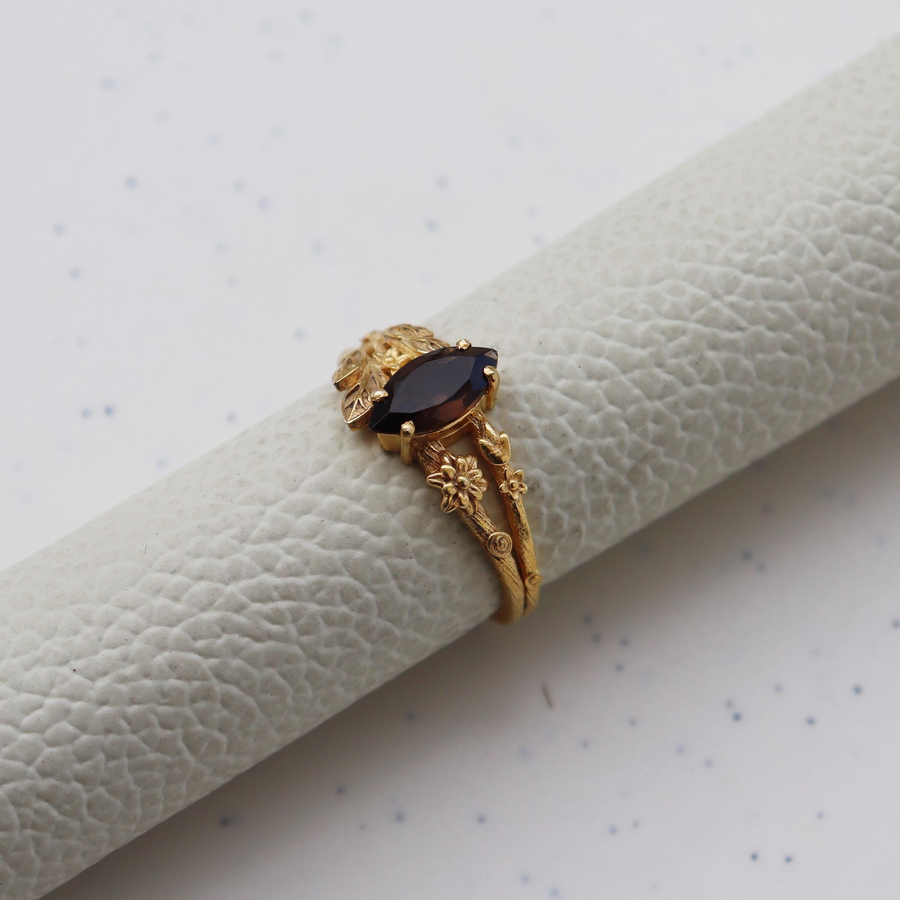 Vintage Smoky Quartz Engagement Ring, Marquise Shape Brown Quartz Ring, 14K Solid Gold Ring, Women Ring, Nature Inspire Ring, Leaf Ring