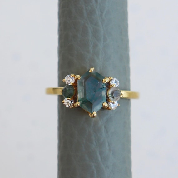 Moss Agate Ring, Thin Band Ring, Minimalist Gift For Occasion, Sterling Silver Ring, Statement Ring, Gold Plated Ring, Hexagon Gemstone Ring