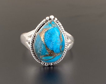 Natural Blue Copper Turquoise Gemstone Ring, 925 Sterling Silver Handmade Turquoise December Birthstone Boho Ring, Pear Shape Gemstone Ring