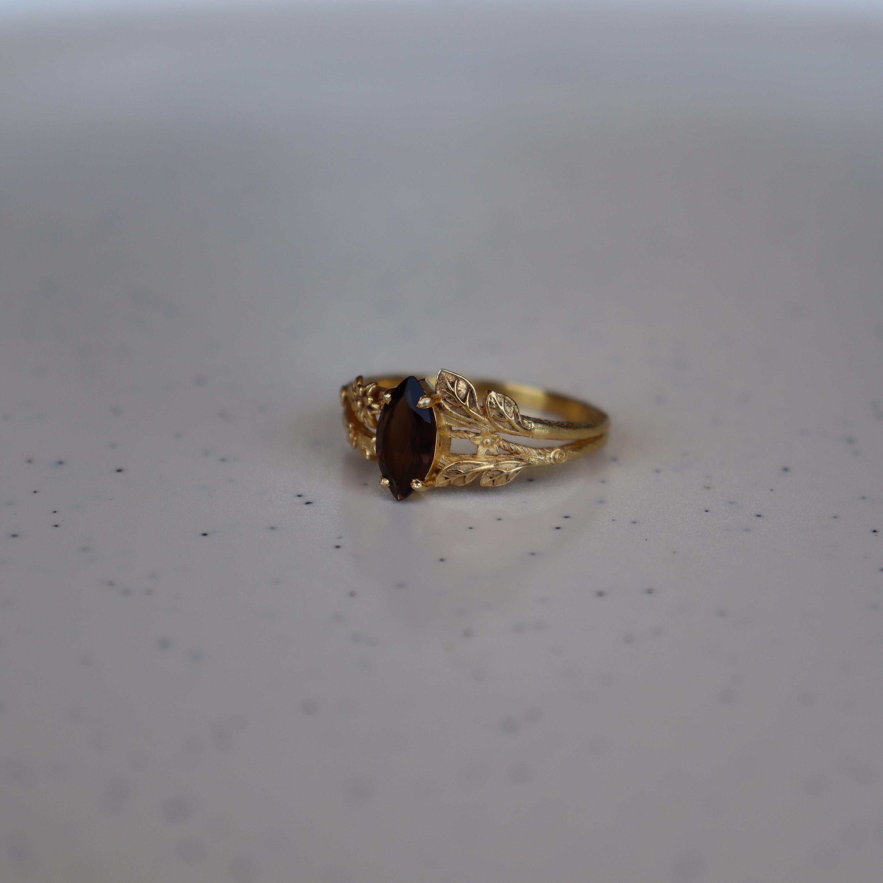Vintage Smoky Quartz Engagement Ring, Marquise Shape Brown Quartz Ring, 14K Solid Gold Ring, Women Ring, Nature Inspire Ring, Leaf Ring