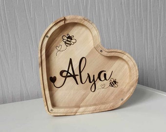 Personalized wooden piggy bank, birth gift, heart piggy bank gift