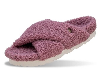 Purple Fluffy Women's Slippers, Two Crossed Straps, Cozy, Soft, Trendy, Warm, Gift For Her