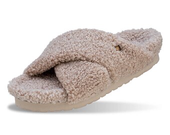 Beige Fluffy Women's Slippers, Two Crossed Straps, Cozy, Soft, Trendy, Warm, Gift For Her