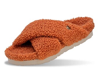 Orange Fluffy Women's Slippers, Two Crossed Straps, Cozy, Soft, Trendy, Warm, Sand, Gift For Her