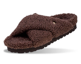 Brown Fluffy Women's Slippers, Two Crossed Straps, Cozy, Soft, Trendy, Warm,  Gift For Her