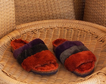 Fluffy Women's Slippers in Orange Brown Purple Strap, Cozy, Soft, Trendy, Warm, Super Cute Gift For Her