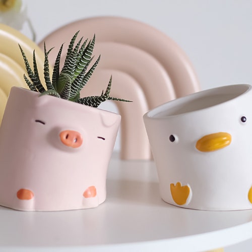 Ceramic Animal Head Vase for Succulents Duck Pig Crooked Etsy