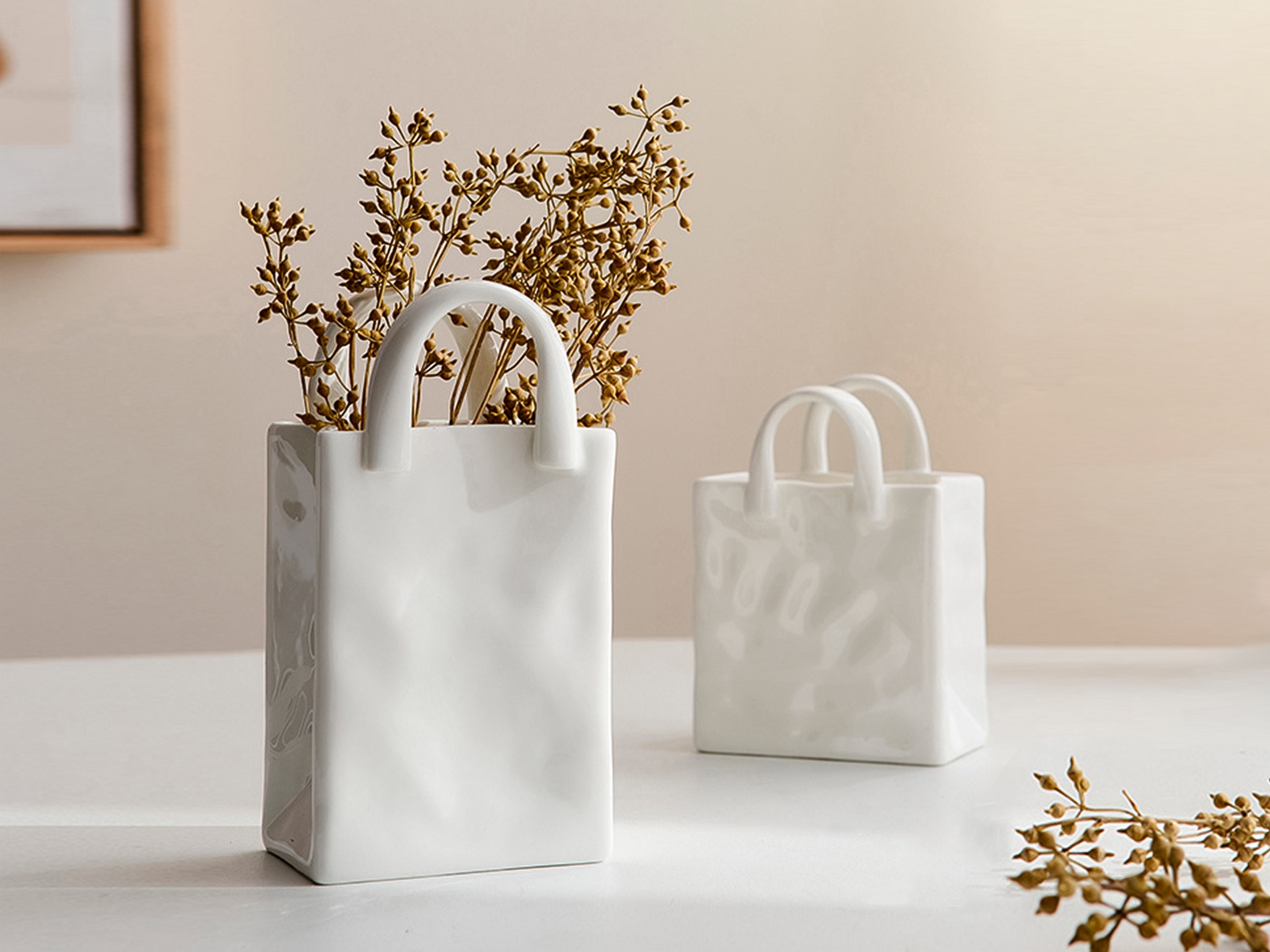 White Ceramic Paper Bag Vase Handmade Ceramic Vase Handbag -  Denmark
