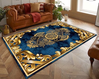Alfombra oriental azul y dorada, alfombra floral de damasco