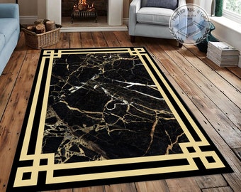 Alfombra de mármol negro y dorado con diseño de Medusa en clave griega