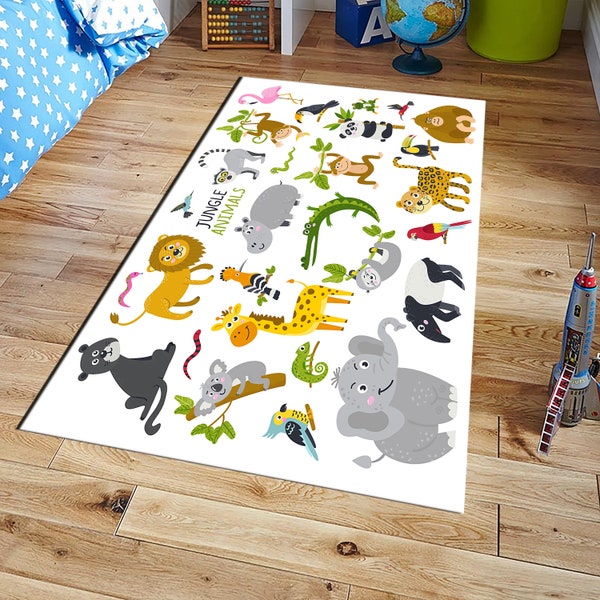 Jungle Animals Rug, Kids Room Rug, Soft Nursery Carpet, Washable Kids Rug, Custom Home Decor, Gift for Kids, Playroom Rug, Animal Rug