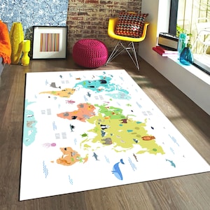 Weltkarte Kinderteppich, Tiermuster Teppich, personalisierter weicher Kindergartenteppich, Waschbar Kinderzimmerteppich, Wohndekor, Geschenk für Kinder, Spielzimmer Teppich