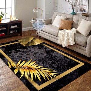 Black and Gold Leaf Patterned Modern Rug, Bedroom Bedside Luxury Rug ...