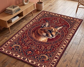 Wildcat Bohemian Rug: Red Anatolian Floral Carpet, Wild Animal Portrait, Bold Botanical Folk Decor